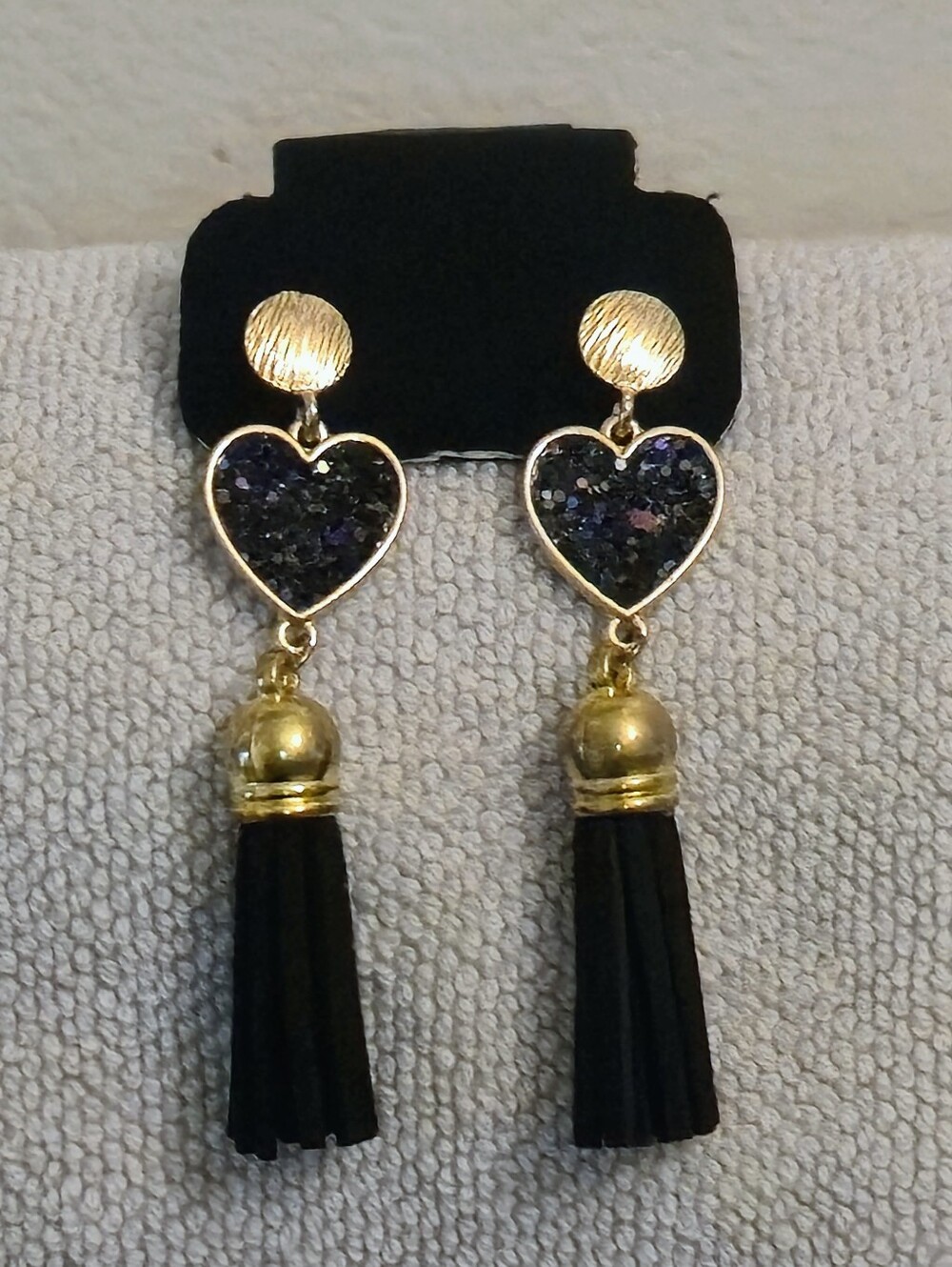 Brand New Paparazzi Gold Heart & Black Fabric Tassel Dangle Earrings.
